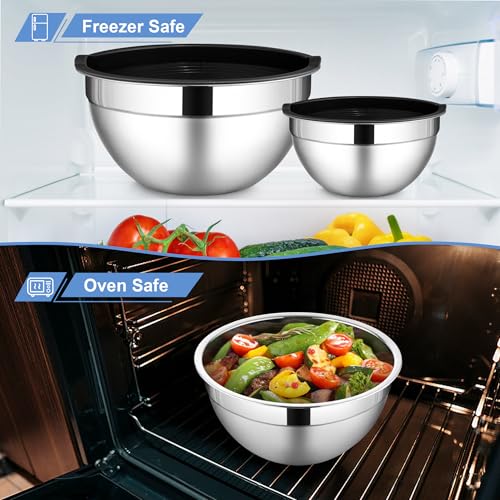 LIANYU Mixing Bowls with Lids Set of 6, Stainless Steel Nesting Metal Bowl - color: Black, style: Atlas Base with Airtight Lids