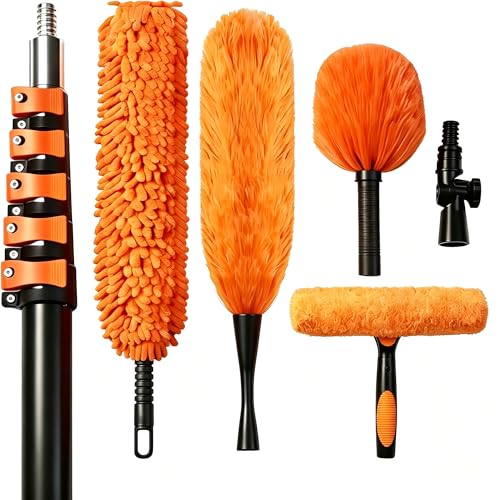 30FT High Reach Duster Kits with Dual Action Flip-Lock & Screw Fixing Design, 5-24FT Extension Pole, Cobweb Duster, Washable Ceiling Fan Cleaner & Window Squeegee for Glass & High Roof - size: 5-24FT