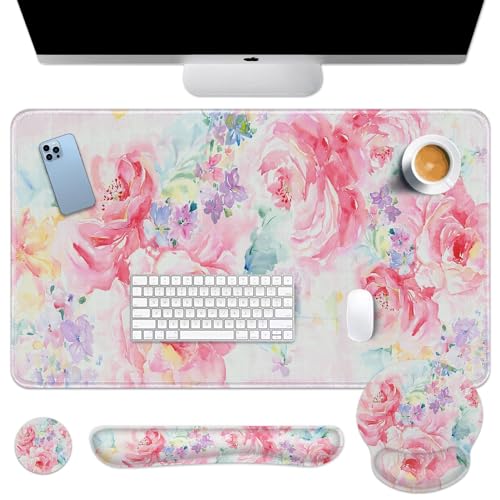 Arttown Keyboard Mouse Pad Set, 4 in 1 Desk Mat Set Watercolor Flower - color: Pink Floral