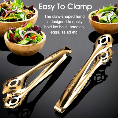 2-Pack 9 Inch Stainless Steel Gold Salad Tongs, Non-slip & Easy Grip Smart Locking Clip Handy Utensil for Cooking, Serving, Barbecue, Buffet, Salad, Ice, Oven…
