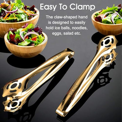 2-Pack 9 Inch Stainless Steel Gold Salad Tongs, Non-slip & Easy Grip Smart Locking Clip Handy Utensil for Cooking, Serving, Barbecue, Buffet, Salad, Ice, Oven…
