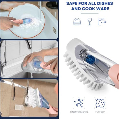 RIMAY Soap Dispensing Dish Brush Dish Scrubber with Soap Dispenser Handle - color: Pink
