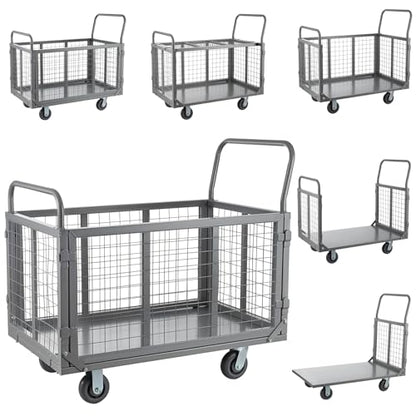 SmarketBuy Platform Truck Cart with Cage, 5 in 1 Heavy Duty Platform Carts with Cage 2000 LBS Capacity Foldable Push Cart Dolly with 5" Casters for Groceries/Garage/Warehouse