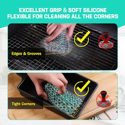 HAUSHOF Cast Iron Scrubber, Chainmail Scrubber Cast Iron Cleaner - color: Seafoam Green