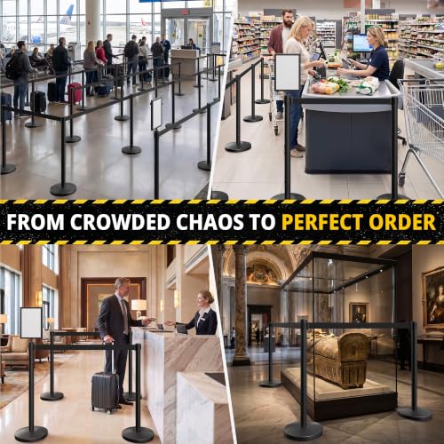 8-Pack Black Stainless Steel Crowd Control Stanchions, 9.8 ft Retractable Black Safety Belts with 2 Sign Holders(Black Belt) - color: Black stanchions w Black Belt, size: 8 pcs