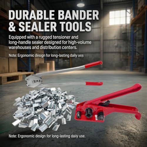 Banding Strapping Kit, Heavy Duty Pallet Strapping Kit with 5/8" x 1000' PET Banding Strap Roll, 300 Metal Seals, Poly Strapping Kit Tensioner, Bander Tool & Banding Sealer for Packaging - size: Strapping Tool Kit