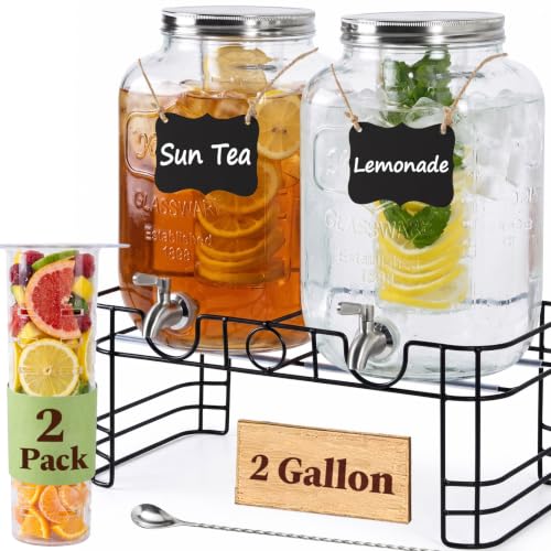 KIKCOIN 2 Gallon Glass Drink Dispensers for Parties with Stand 2 PCS - size: 2 Gallon -2 Pack
