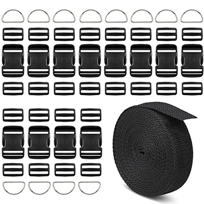 1 Inch Straps and Buckles Set, 12 Yards Nylon Webbing Strap, 12 Pack Release Buckles, 24 Tri-Glide Slide Clips, 12 Pack Metal D-Rings MaHeavy Duty Adjustable Quick Snap Fasteners, No Sewing Required - size: 1" 12 Pcs Buckle Set