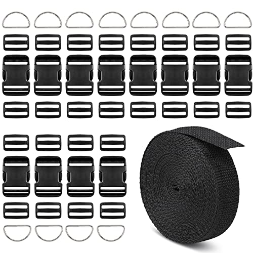 2 Inch Straps and Buckles Set, 12 Yards Nylon Webbing Strap, 12 Pack Release Buckles, 24 Tri-Glide Slide Clips, 12 Pack Metal D-Rings MaHeavy Duty Adjustable Quick Snap Fasteners, No Sewing Required - size: 2" 12 Pcs Buckle Set
