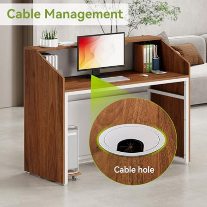 LITTLE TREE 47-Inch Reception Desk with Counter, Oak Front Desk Reception Room Table, Retail Counter for Checkout, Modern Welcome Desk for Lobby, Office, Beauty Salon - color: Oak