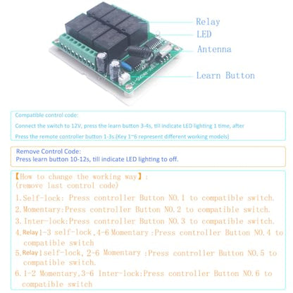 12V 6 Channel Wireless Remote Control Switch 433MHz Relay Switch