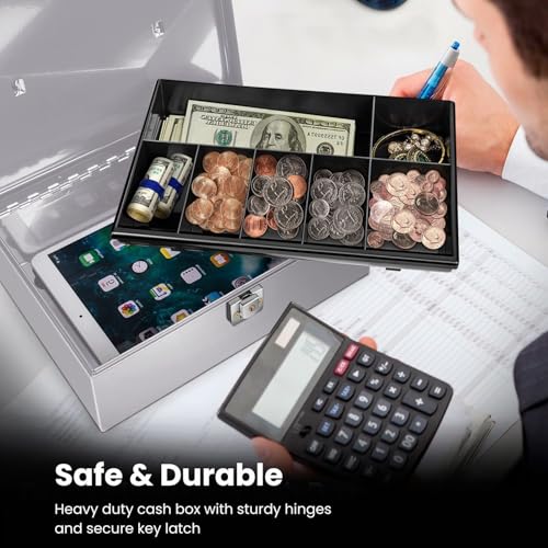 Flexzion Cash Box with Money Tray, Latch Lock, 11 x 7.7 x 3.5 Inch, Silver - color: Silver