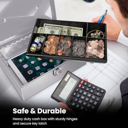 Flexzion Cash Box with Money Tray, Latch Lock, 11 x 7.7 x 3.5 Inch, Silver - color: Silver