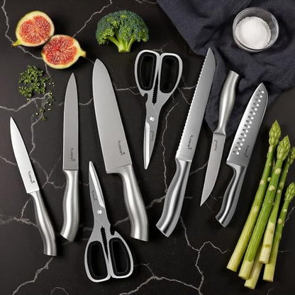 KUISINE Upgraded Premium Chef Knife Set,High Carbon Stainless Steel Razor-sharp Blade Ergonomic Non-slip Steel Handle,Block Knife Set with Built-in Sharpener(Black Silver,15PCS) - color: ET Black
