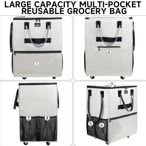 Reusable Grocery Bag on Wheels, Foldable Rolling Tote Bag with 6 Pockets - color: Beige, size: Small