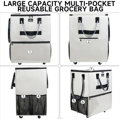 Reusable Grocery Bag On Wheels, 70L Foldable Rolling Tote with 6 Pockets - color: Beige, size: Medium