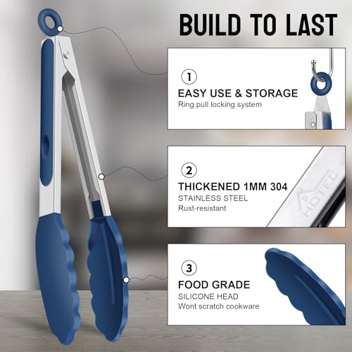 HOTEC Stainless Steel Kitchen Tongs with Silicone Tips, Set of 3-7",9" &12" - color: Classic Blue:12+9+7inch