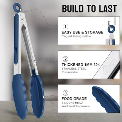HOTEC Stainless Steel Kitchen Tongs with Silicone Tips, Set of 3-7",9" &12" - color: Classic Blue:12+9+7inch