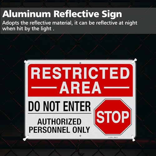 GicnKeuz Large "Restricted Area - Do Not Enter, Authorized Personnel Only" Metal Signs, 14 x 10 Inches Reflective Aluminum Signs, Fade Resistant/Waterproof, Easy to Install, Outdoor Use (2-Pack) - color: 14 x 10 Inches 2 pack