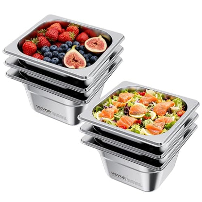 VEVOR 6 Pack Stainless Steam Hotel Pans, 1/6 Size Table Steam Pan, 4 Inch Deep, Anti Jam Restaurant Supplies Reusable Rustproof Catering Storage for Home, Party, Restaurant, Hotel, Buffet - size: 1/6 Size, style: 4 Inch Deep