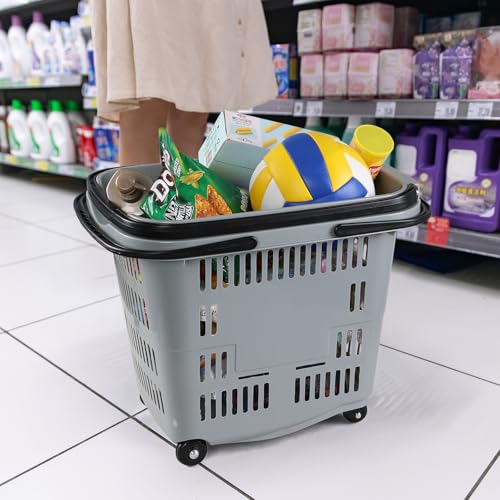 Teyyvn 4 PCS 50L Plastic Rolling Shopping Basket with Handle, Gray