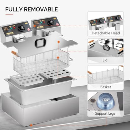 ROVSUN 23.8Qt Commercial Deep Fryer Countertop, Electric Deep Fryer with Basket, Lid & Adjustable Temp, Stainless Steel Kitchen Fat Fryer Frying Machine for French Fries Turkey Onion Rings 5000W - size: Single Fryer-23.8QT