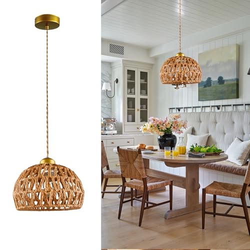 11.6" Large Dome Hemp Rope Pendant Light, E26 Gold Woven Kitchen Lamp - color: Basket Shape, size: 12 inch
