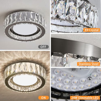 11 Inch LED Dimmable Crystal Flush Mount Ceiling Light Fixture - color: Brushed Black, size: 11 Inch