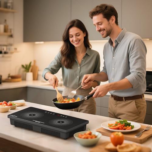 1800W Double Induction Cooktop with Dual 900W Burners, Minimalist Design, Touch Control, 8 Power Levels, Timer & Safety Lock for Kitchen RV Countertop Use