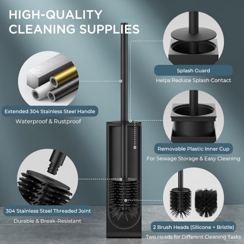 FORIOUS Toilet Bowl Brush and Holder Set, 304 Stainless Steel Handle Black - color: Matte Black, size: Tall