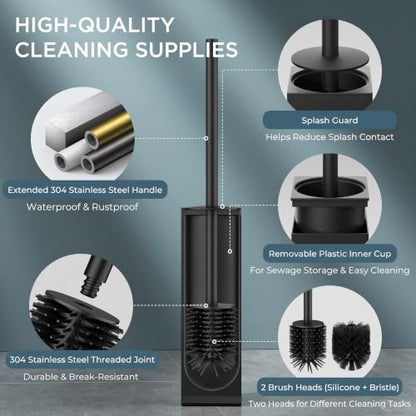 FORIOUS Toilet Bowl Brush and Holder Set, 304 Stainless Steel Handle Black - color: Matte Black, size: Tall