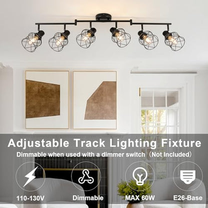 WILON Track Lighting Kit 6 Way Ceiling Spotlight-Industrial Flush Mount Ceiling Light Black Kitchen Ceiling Light Fixtures Kitchen Track Lighting Flexibly Rotatable Light Head E26 Base - color: Black, size: 6-Light-Cage