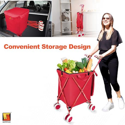 Wellmax Folding Shopping Cart with Canvas Bag & Cover, Holds 120 lb, Red - color: Red