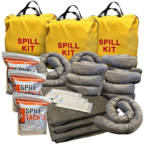 Intermountain Absorbents Universal Spill Kits - Professional Spill Kits for Water & Oil Spill with Yellow Spill Kit Bag, 4 Absorbent Socks, 10 Universal Spill Absorbent Pads, 2 lb Spill Tackle, 3 Pack - style: 3 Pack
