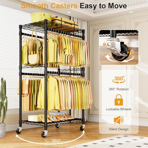 ULIFHOME P4 Rolling Clothes Rack, Clothing Racks for Hanging Clothes, Black - color: Black, size: P4