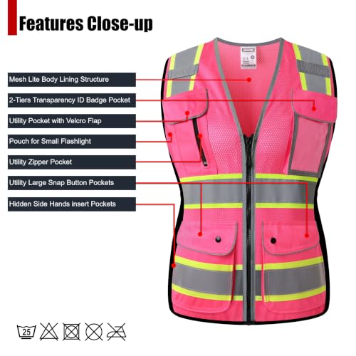 High Visibility Reflection Pink Mesh Safety Vests with 8 Pockets and Front Zipper, hi vis safety vest for Women(Pink-16,Small) - color: Pink, size: Small