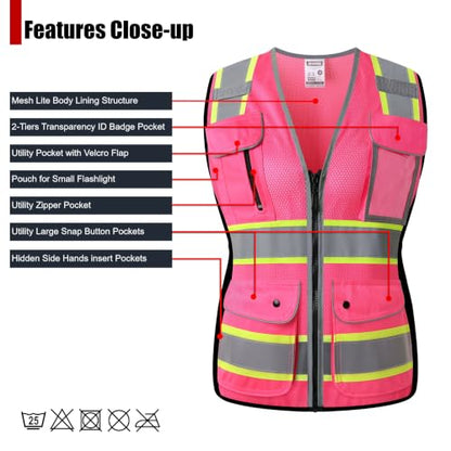 High Visibility Reflection Pink Mesh Safety Vests with 8 Pockets and Front Zipper, hi vis safety vest for Women(Pink-16,Small) - color: Pink, size: Small