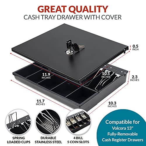 Volcora Cash Drawer Tray with Locking Cover - 11.7 x 10.3 x 2.3 Inch Metal Cash Lock Box with Lid - 4 Bill/5 Coin Money Organizer for Volocara 13" Fully-Removable Cash Drawers - For Business Use - size: 4 Bill 5 Coin