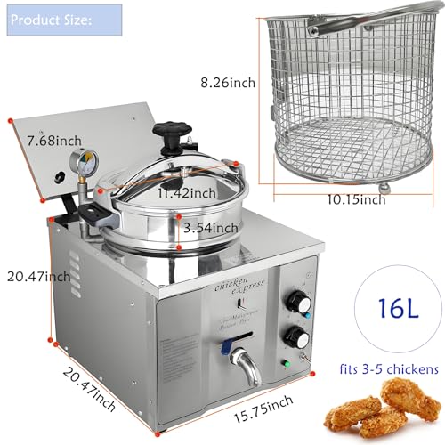 16L Electric Pressure Fryer,110V High-Pressure Chicken Fryer with Safety Features,Stainless Steel Healthy Countertop Deep Fryer for Crispy Fried Delicacies, Commercial-Grade Food Oven