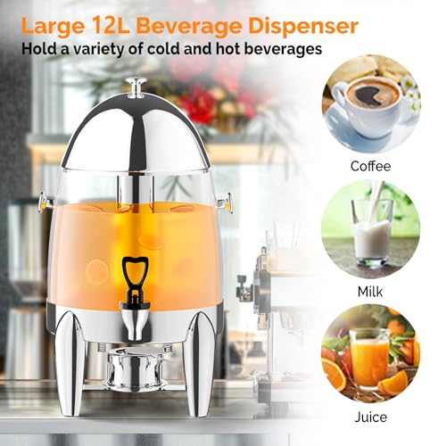 ROVSUN 3 Gallon/12L Beverage Dispenser, Coffee Chafer Urn with Fuel Holder, Drink Dispenser Water Juice Dispenser with Ice Container Spigot, Hot & Cold Drinks for Party Catering Buffet, Plastic - color: Silver