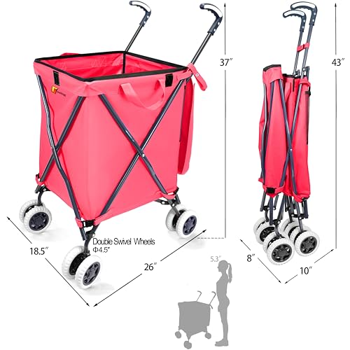 Wellmax Folding Shopping Cart with Canvas Bag & Cover, Holds 120 lb, Pink - color: Pink