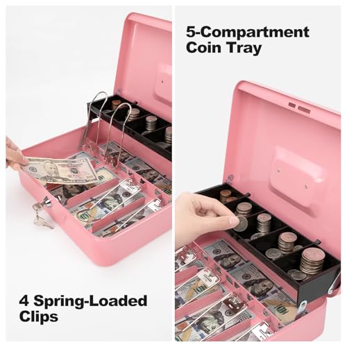 Cash Box with Key Lock & Foam Auto-Pop Coin Tray – Secure Steel Money Box with 4 Upgraded Finger-Safe Bill Clips, Premium Smooth Scratch-Resistant Coating, 11.8"L x 9.5"W x 3.5"H, KL Pink - color: KL Pink