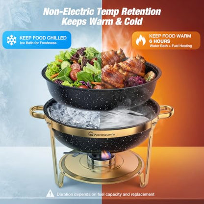 Chafing Dishes for Buffet, 4 Pack 9QT Gold Buffet Display Set, Granite-Coated Round Stainless Steel Food Warmers with Glass Lid Holder & Rolled-Edge, Stackable Storage Catering Events Supplies