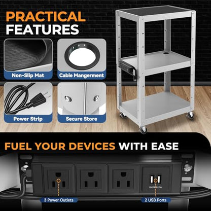 Auto Dynasty Adjustable AV Cart w/Power Strip, 4 ft Rolling Stand, Grey - color: Gray