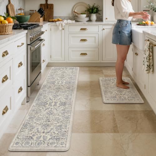 KIMODE Kitchen Floor Mats Cushioned Anti Fatigue Rugs Sets of 2 - color: Multi-blue, size: 20"x71"+20"x32"--0.47 inches