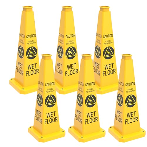 36" Yellow "Caution Wet Floor" Safety Cones 6-Pack with Base - color: Yellow, size: 36"