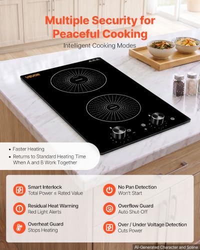 VEVOR 12 Inch Induction Cooktop 2 Burners,Built-in Electric Stove Top, Knob Control,Ceramic Glass Surface,Low-Power Continuous Heating,11 Power Levels,Child Lock, 3500W,220V No Plug - size: 12In-Knob