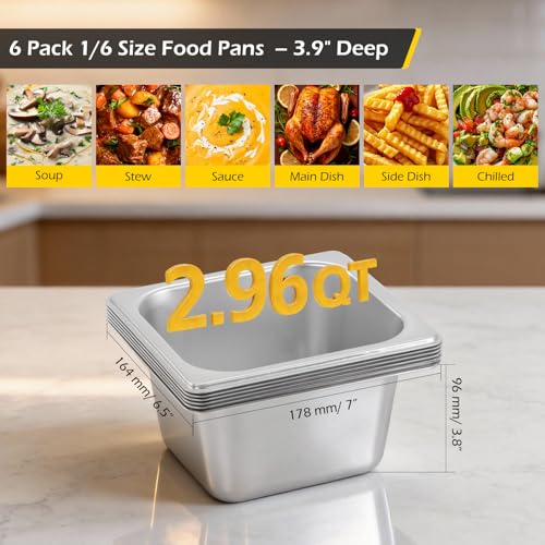Dyna-Living Hotel Pans 1/6 Size Pans 4 Inch Deep 6 Pack Steam Table Pans - color: Without Lids, size: 4 Inch Deep
