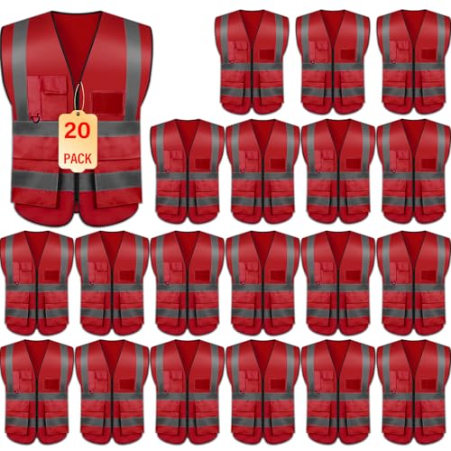 Safety Vests 20 Pack,Hi Vis Construction Vest with 5 Pockets and Zipper,Reflective Vest for Men Women Work One Size - color: Red
