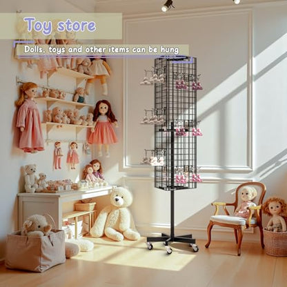 Grid Wall Panels Display Stand - 16”*63.3"Triangular Display Metal Shelf with 30 Hooks for Vendor Events,360° Rotating Art Display Panels Heavy Duty Floor Standing Movable Retail Display Organization